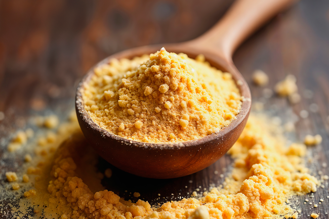 A wooden spoon filled with golden yellow powder, set on a dark rustic wooden surface with some of the powder spilled around it.