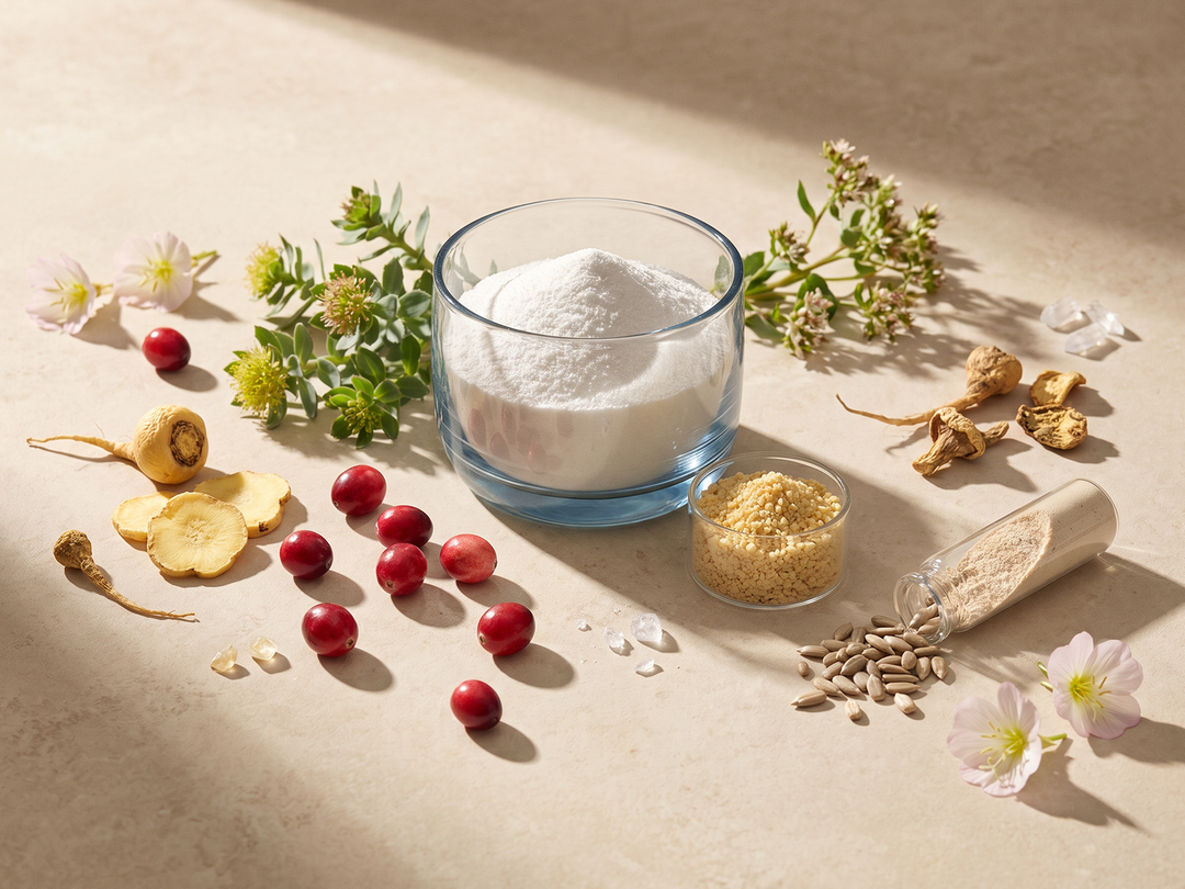 A styled flat-lay of skincare ingredients on a beige stone surface, featuring a large glass bowl filled with white powder, a small glass bowl with golden granules, scattered red berries, dried roots, seeds, flowers, and green herbs under warm directional sunlight.