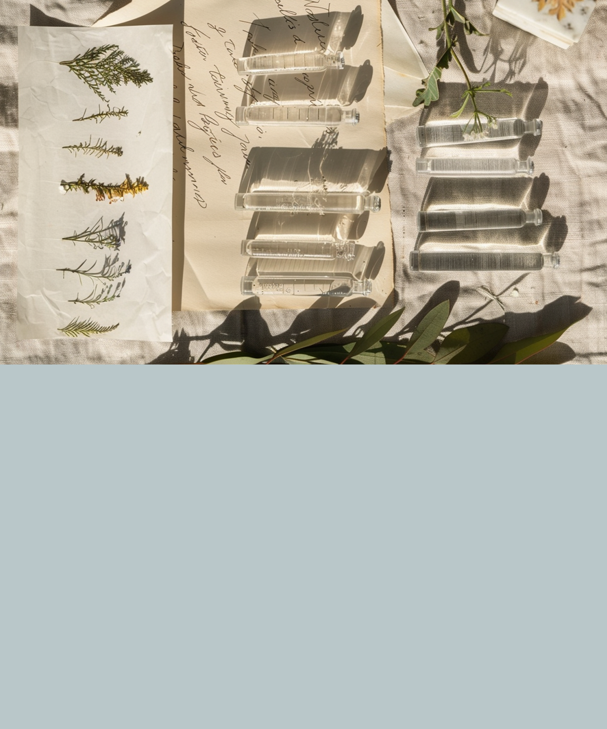 A styled flat-lay of several clear glass perfume bottles with silver caps, arranged on a beige linen surface with botanical illustrations, handwritten paper, and green leaves. The lower half of the image is a solid light blue-gray block.