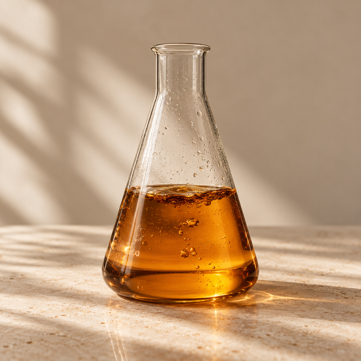 A clear glass Erlenmeyer flask filled with amber liquid, set on a warm beige surface with soft shadow patterns cast across it.