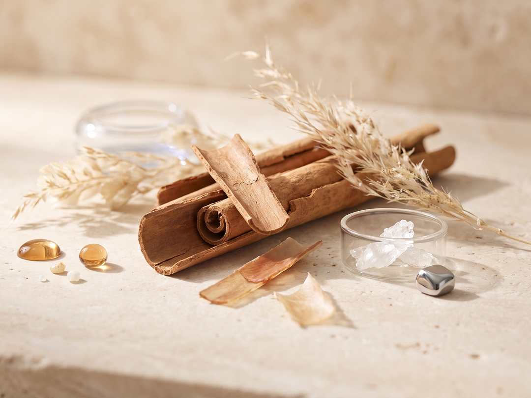 A styled arrangement of natural ingredients on a light stone surface, including cinnamon sticks, dried wheat stalks, amber liquid droplets, translucent capsules, a small glass dish with white crystals, and a silver stone, set against a warm beige background.