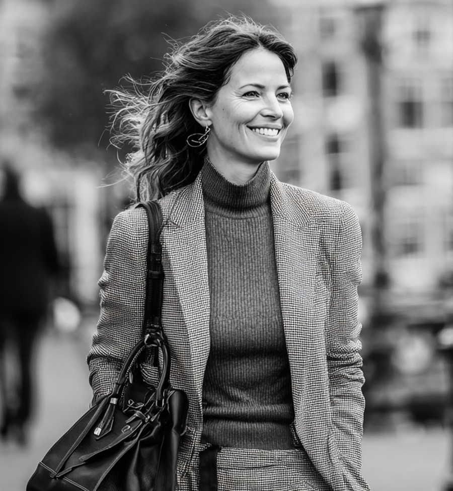 A woman walking outdoors wearing a textured gray blazer over a ribbed gray turtleneck sweater, carrying a black shoulder bag. The image is in black and white.