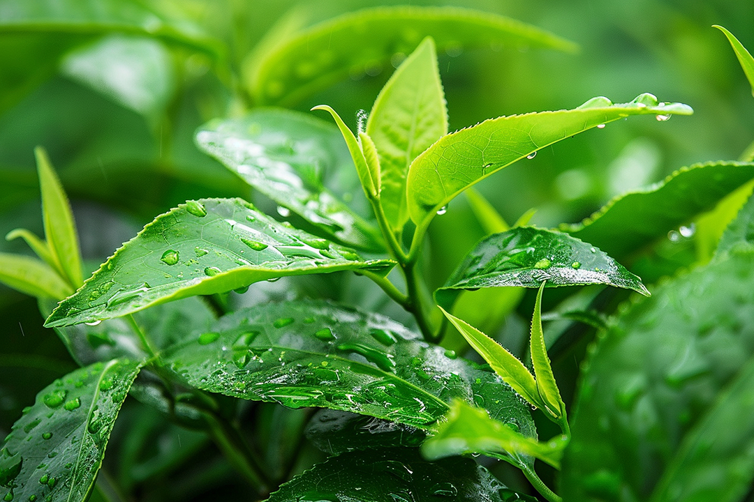 Close-up of fresh green tea leaves covered with water droplets, photographed outdoors with a soft blurred green background.