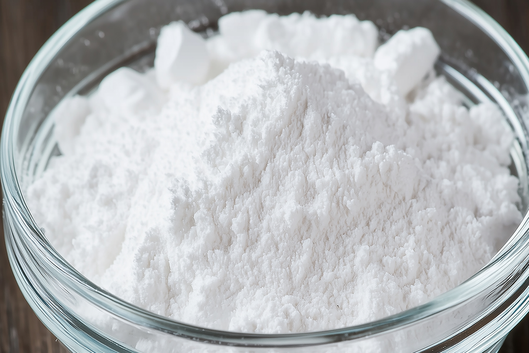 A close-up of a mound of white powder inside a clear glass bowl, with a few white chunks visible around the top edge, set against a dark wooden background.