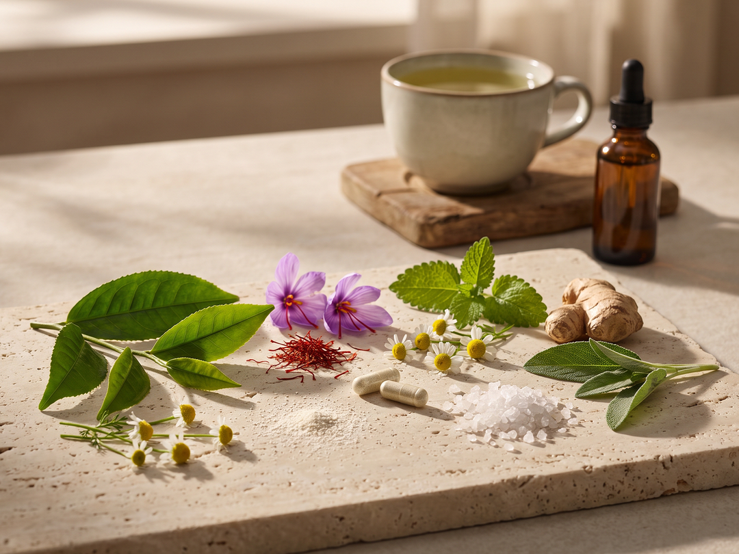 A styled tabletop scene with a ceramic mug of light green tea on a wooden coaster, a small amber dropper bottle, and natural ingredients arranged on a stone slab: green leaves, purple flowers, red saffron threads, white salt, capsules, ginger root, and chamomile blossoms.