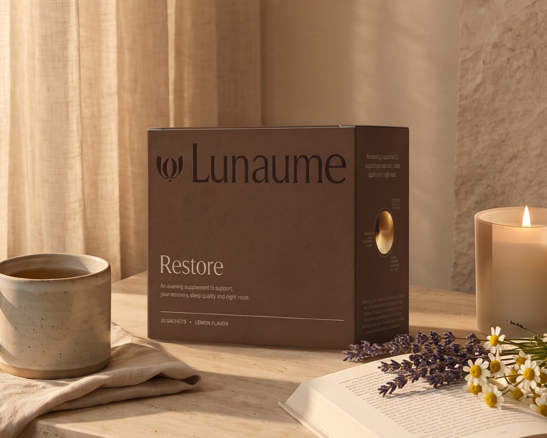 Lunaume Restore supplement box in a warm, cozy setting with a candle, ceramic mug, book, and dried flowers on a wooden table.