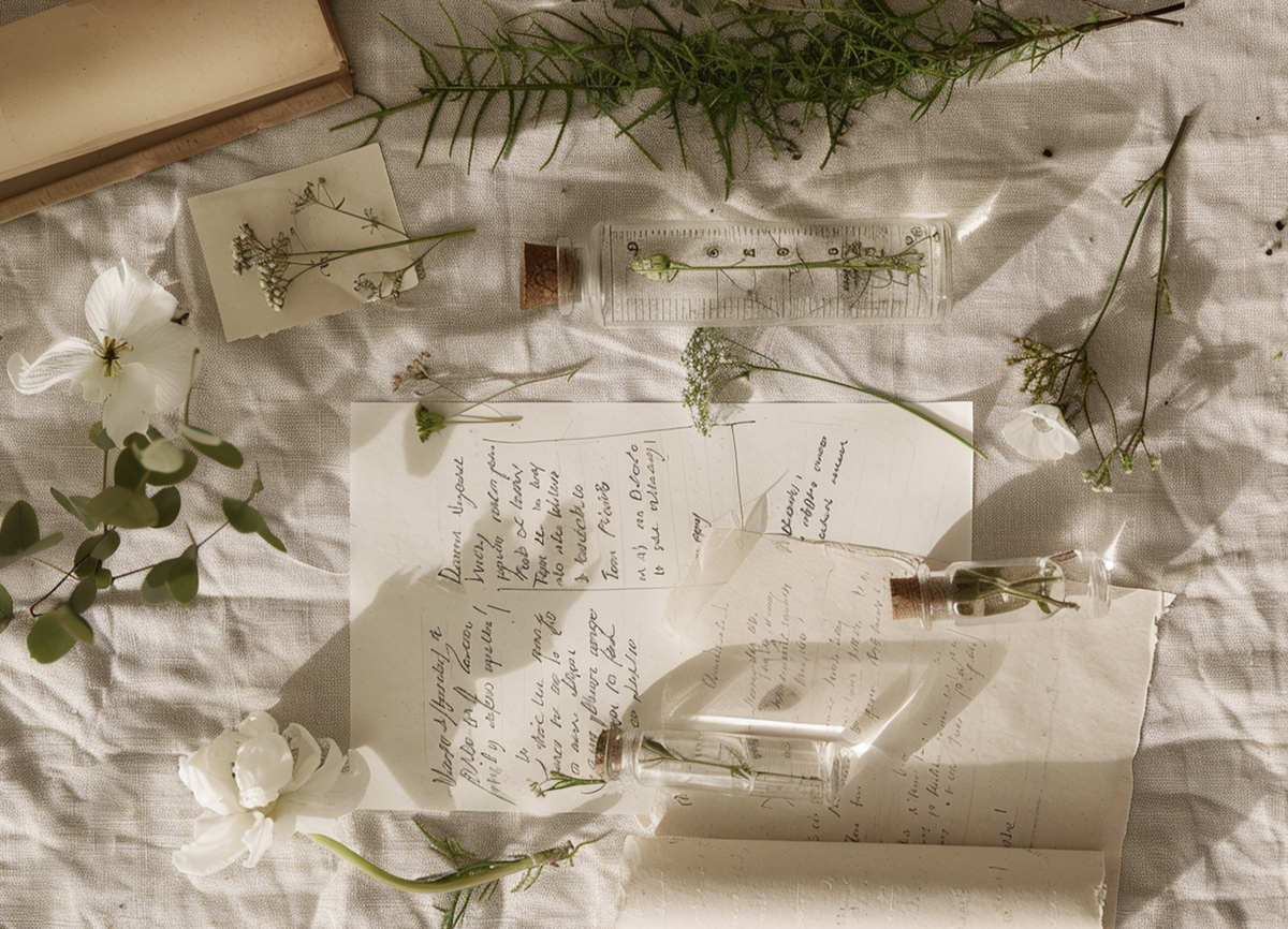 Hormonal balance supplement for women with vintage letters, dried botanicals, pressed flowers and glass vial on white linen