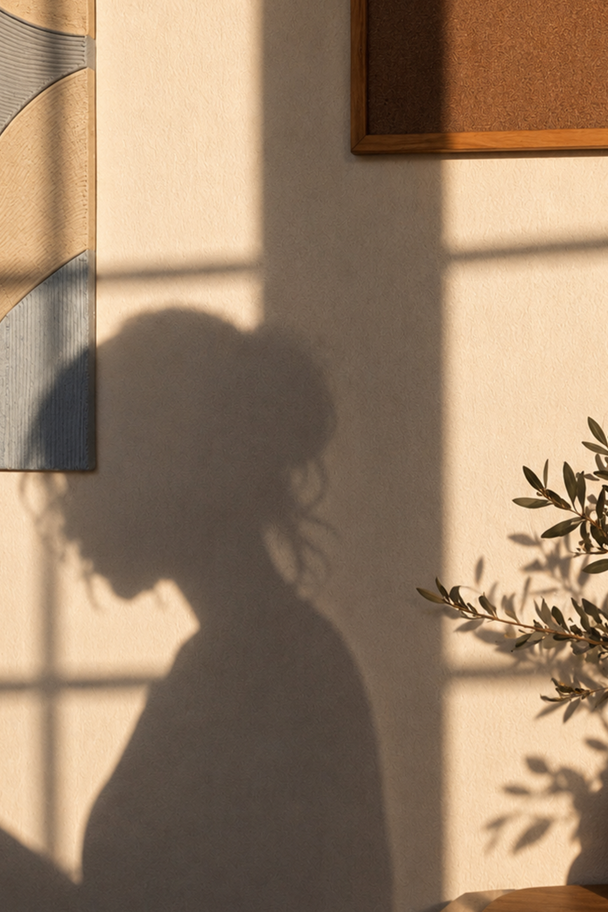 A warm, minimalist interior scene with a large shadow of a woman's silhouette cast on a textured beige wall by window light. A framed piece of abstract wall art hangs on the left, and a leafy green plant is visible in the lower right corner.