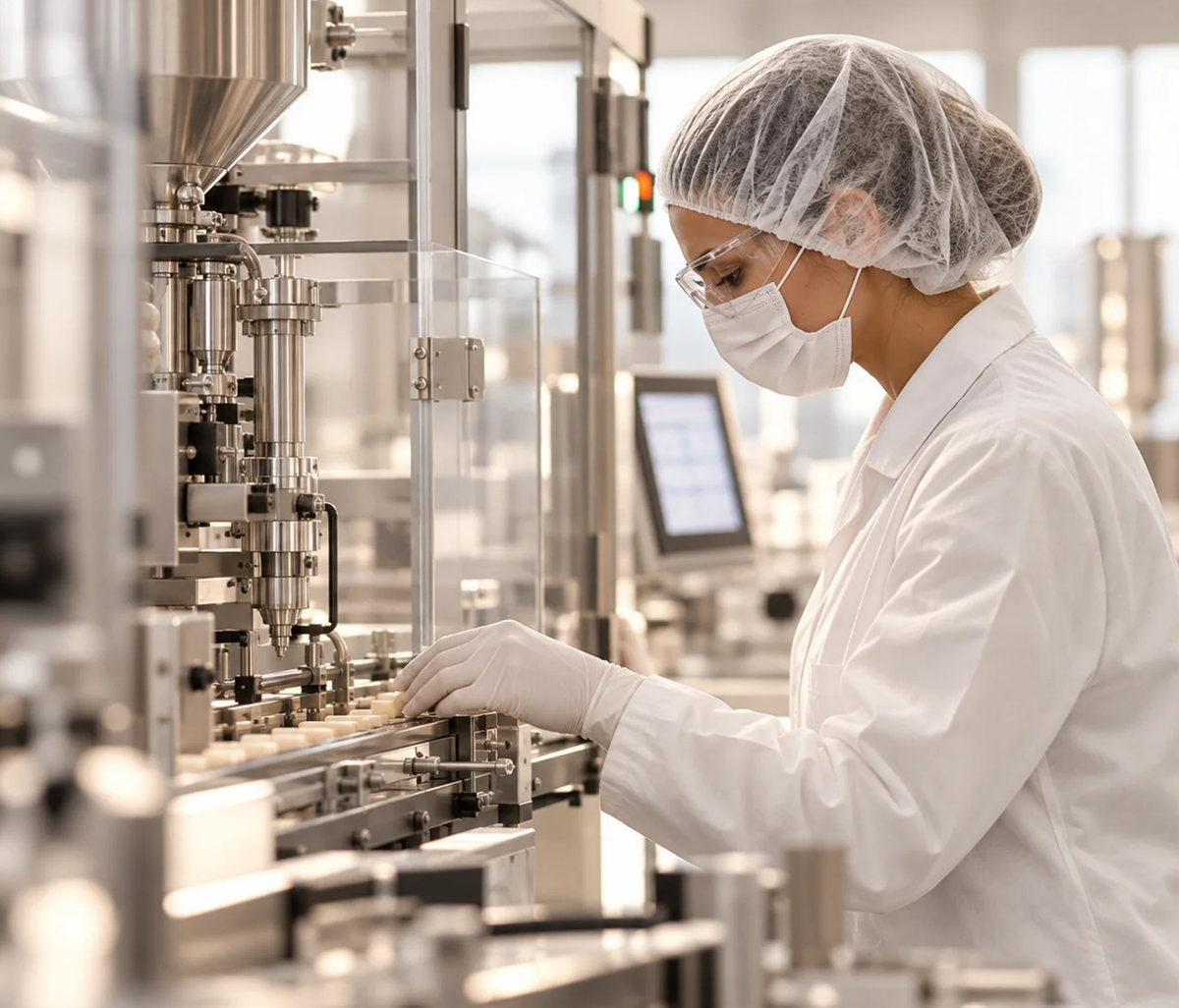 A person in a white lab coat, hair net, face mask, and gloves operates a pharmaceutical or beverage filling machine in a clean, modern production facility.