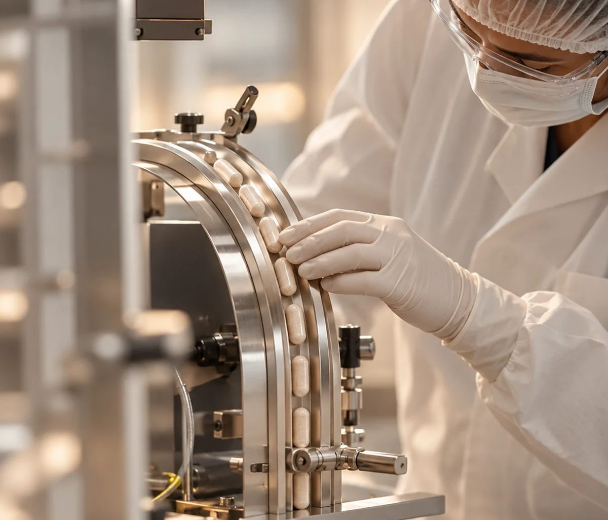 A person in a white lab coat, face mask, and gloves carefully places small white capsules onto a metal conveyor belt in a clean pharmaceutical or manufacturing facility.